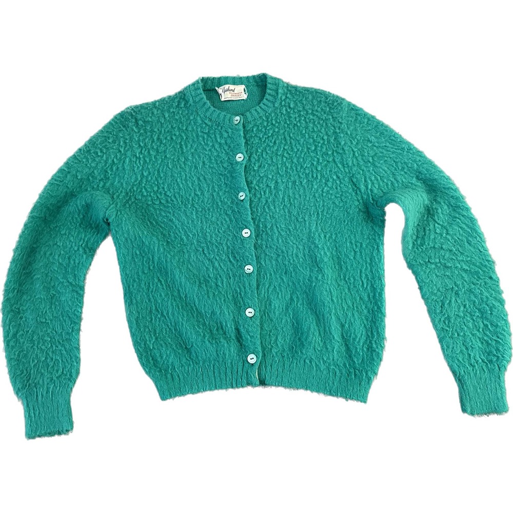Vintage 50s Garland Willowspun Shaggy Womens Small Teal Cardigan Sweater VTG